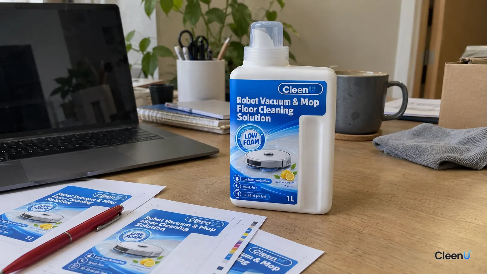 AI illustration: Cleaner label proofs, a red pen, a blue bottle and a laptop on a desk