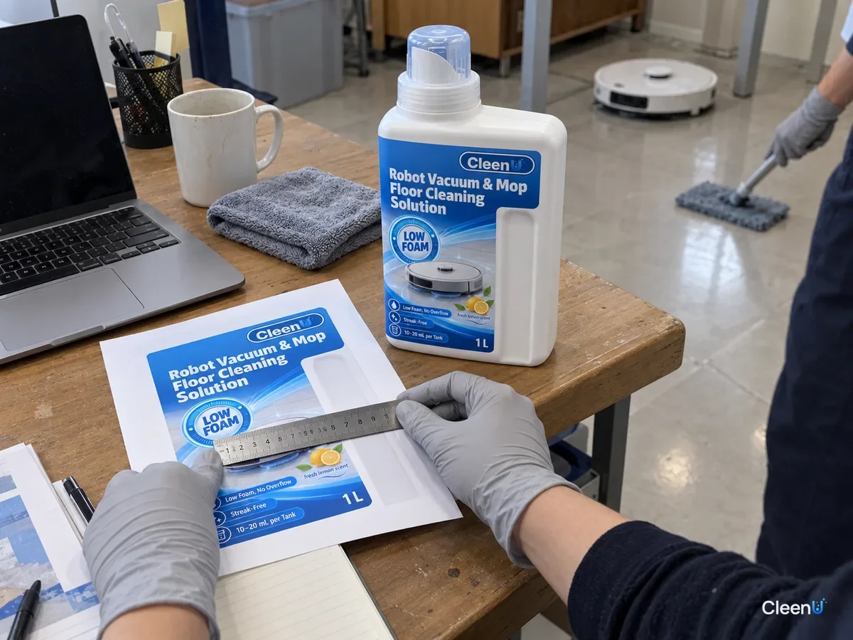 AI illustration: A hand holding a ruler against a cleaner label proof beside a blue bottle and a notebook