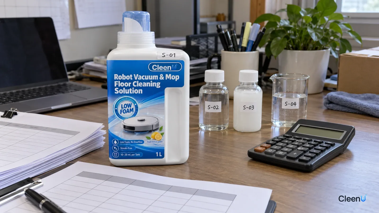 AI illustration: Quotation sheets, a calculator, sample bottles and a comparison table on a desk