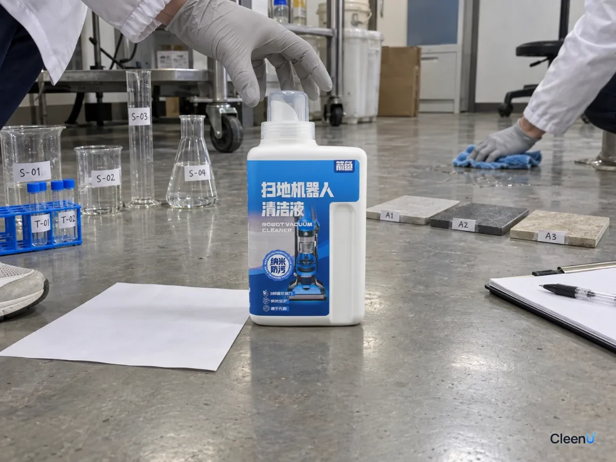 AI illustration: A person releasing a sample bottle above a hard floor beside white paper and a notebook
