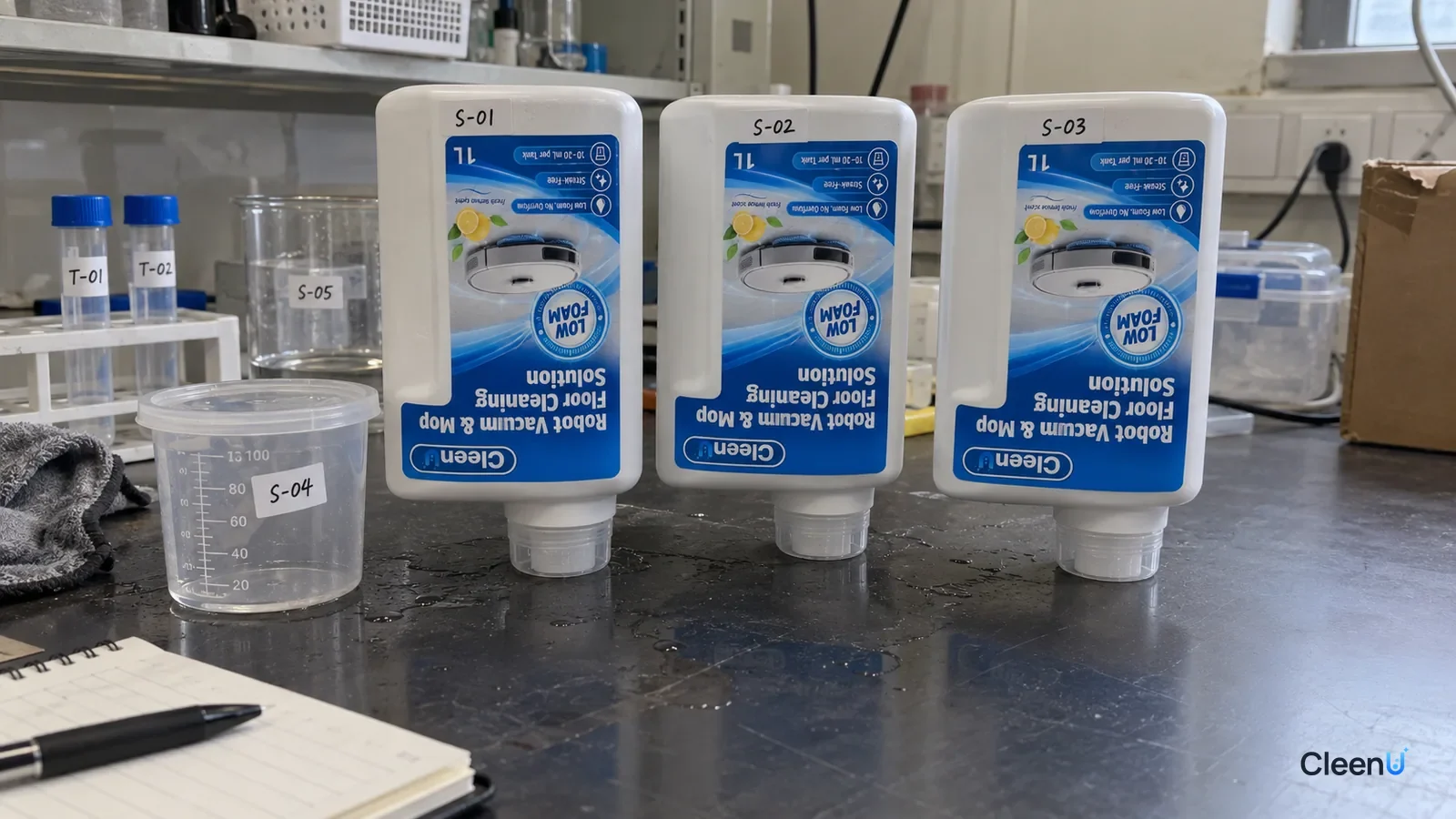 AI illustration: Inverted cleaner bottles beside a graduated measuring cup on a laboratory bench