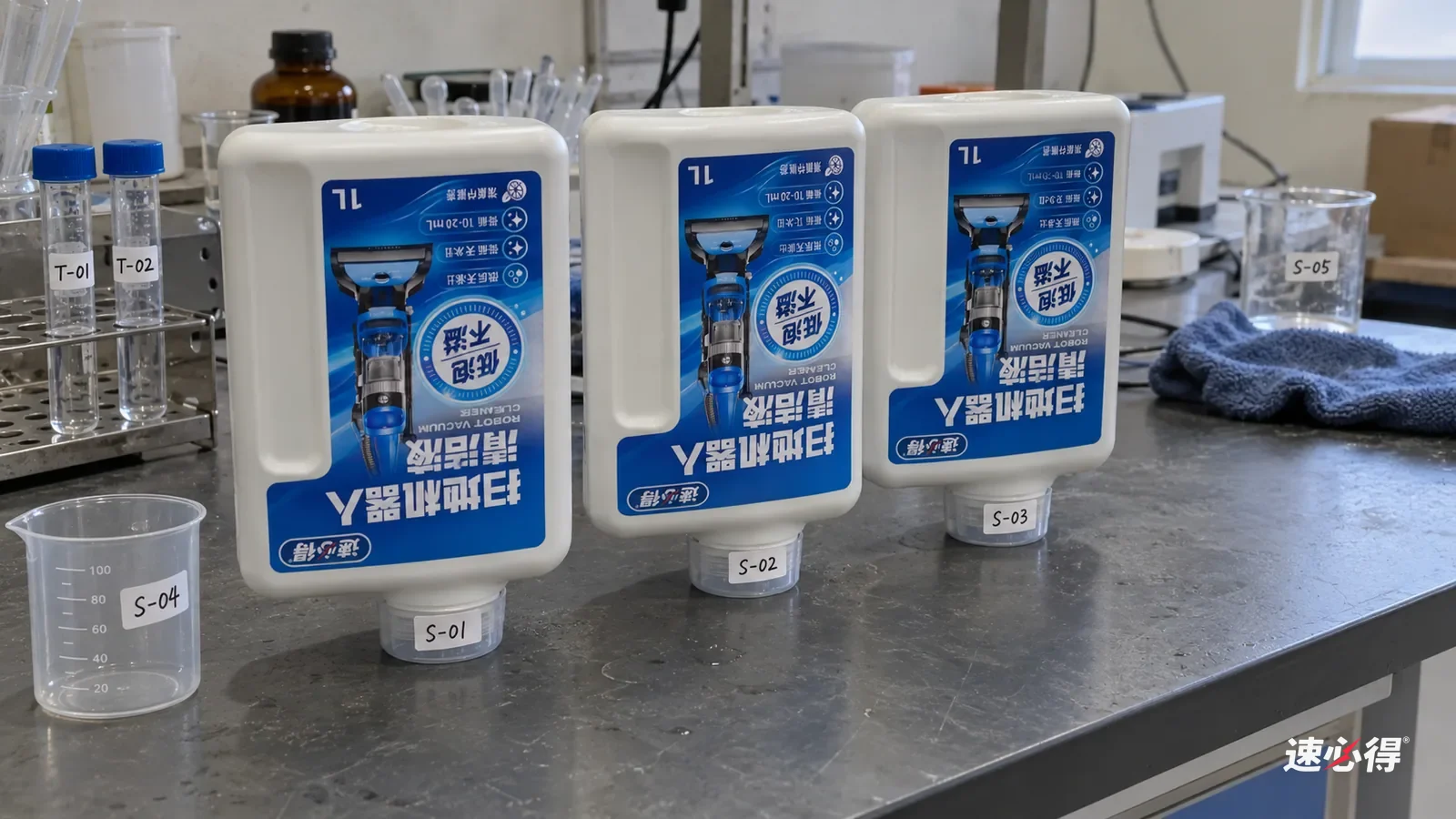 AI 示意图：实验台上倒置摆放的清洁剂瓶，旁边有刻度量杯