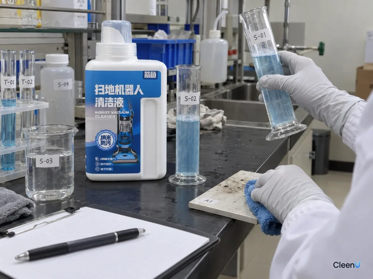 AI illustration: A gloved hand holding a graduated cylinder beside another cylinder with a different foam height