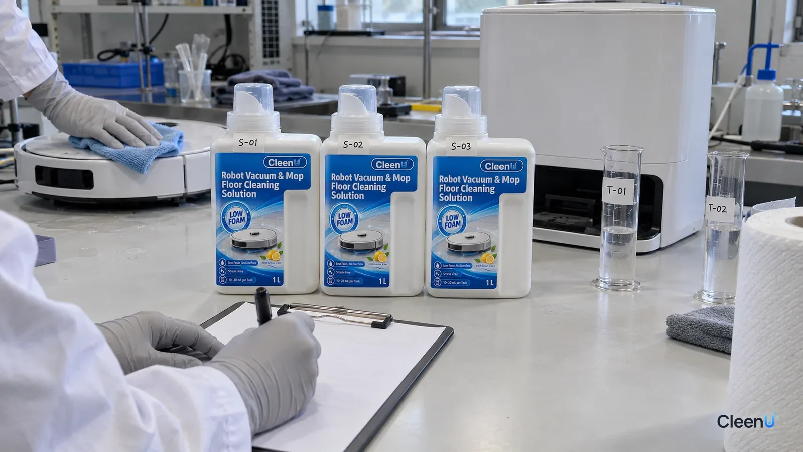 AI illustration: Blue bottles, a clipboard and a white robot mop dock on a laboratory bench