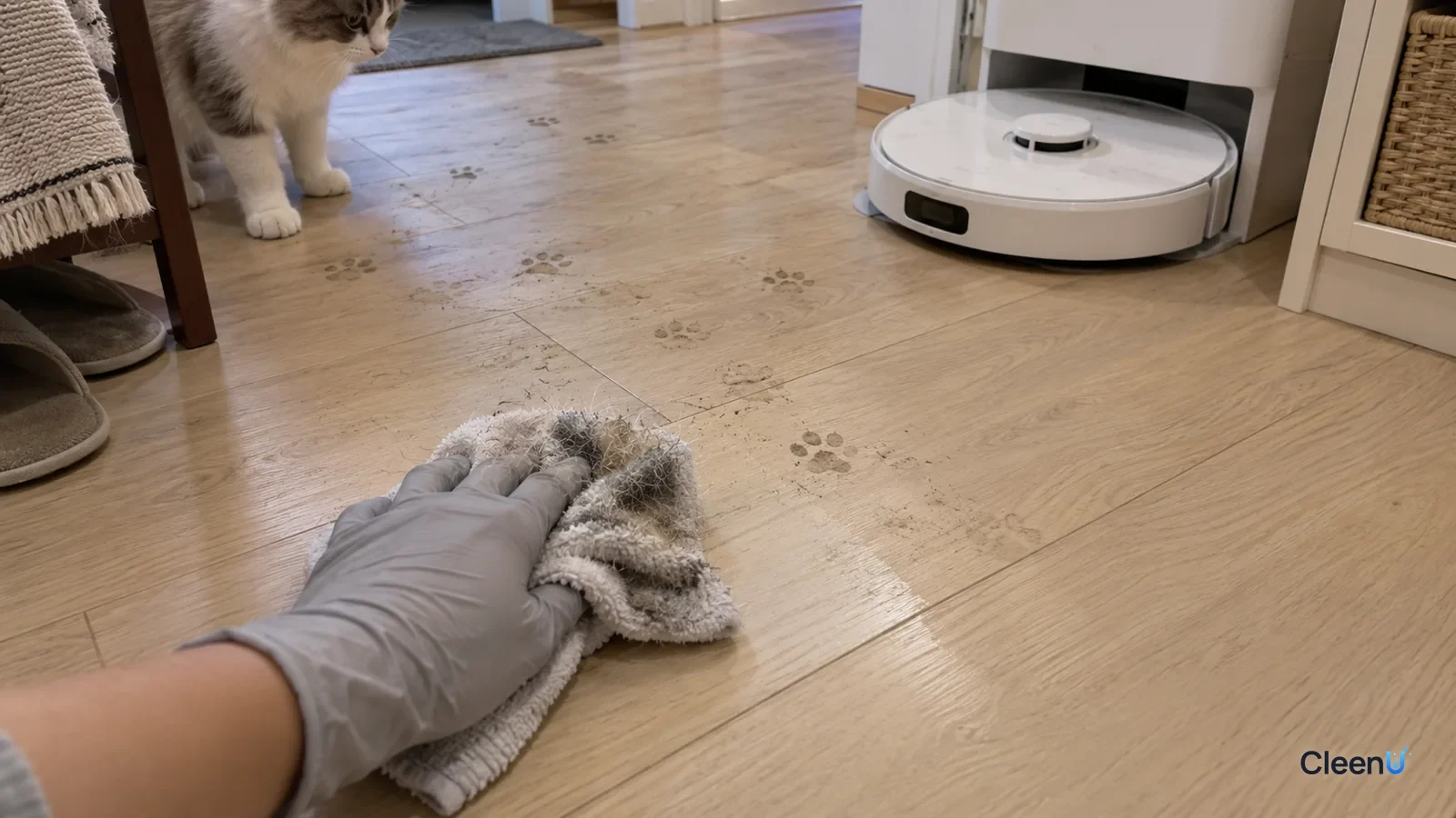 First-person close-up: a hand in light gray nitrile gloves wipes paw prints off light wood floor with a damp cloth; gray and cat hair on the cloth, prints ahead, the robot mop parked nearby.