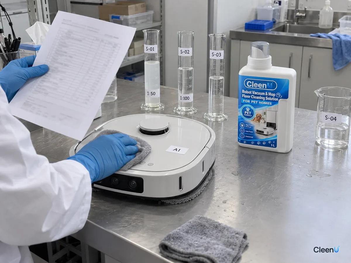 Lab bench with graduated cylinders with test codes holding solution diluted 1:50 and 1:100; a technician checks an ingredient sheet beside CleenU Robot Mop Cleaning Solution for Pet Homes.