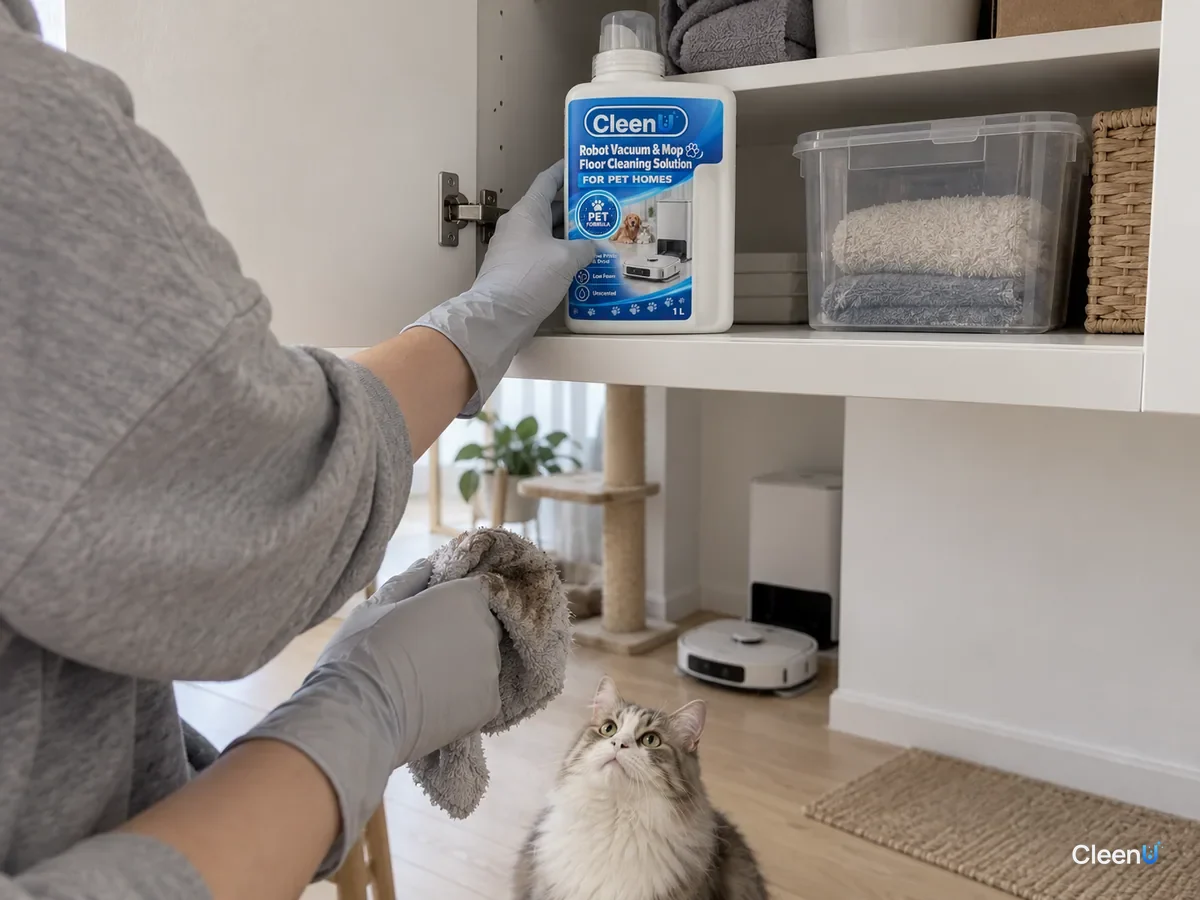 From a step away, a forearm in light gray nitrile gloves sets a capped CleenU Robot Mop Cleaning Solution, a grayish damp cloth in hand, a cat looking up below.
