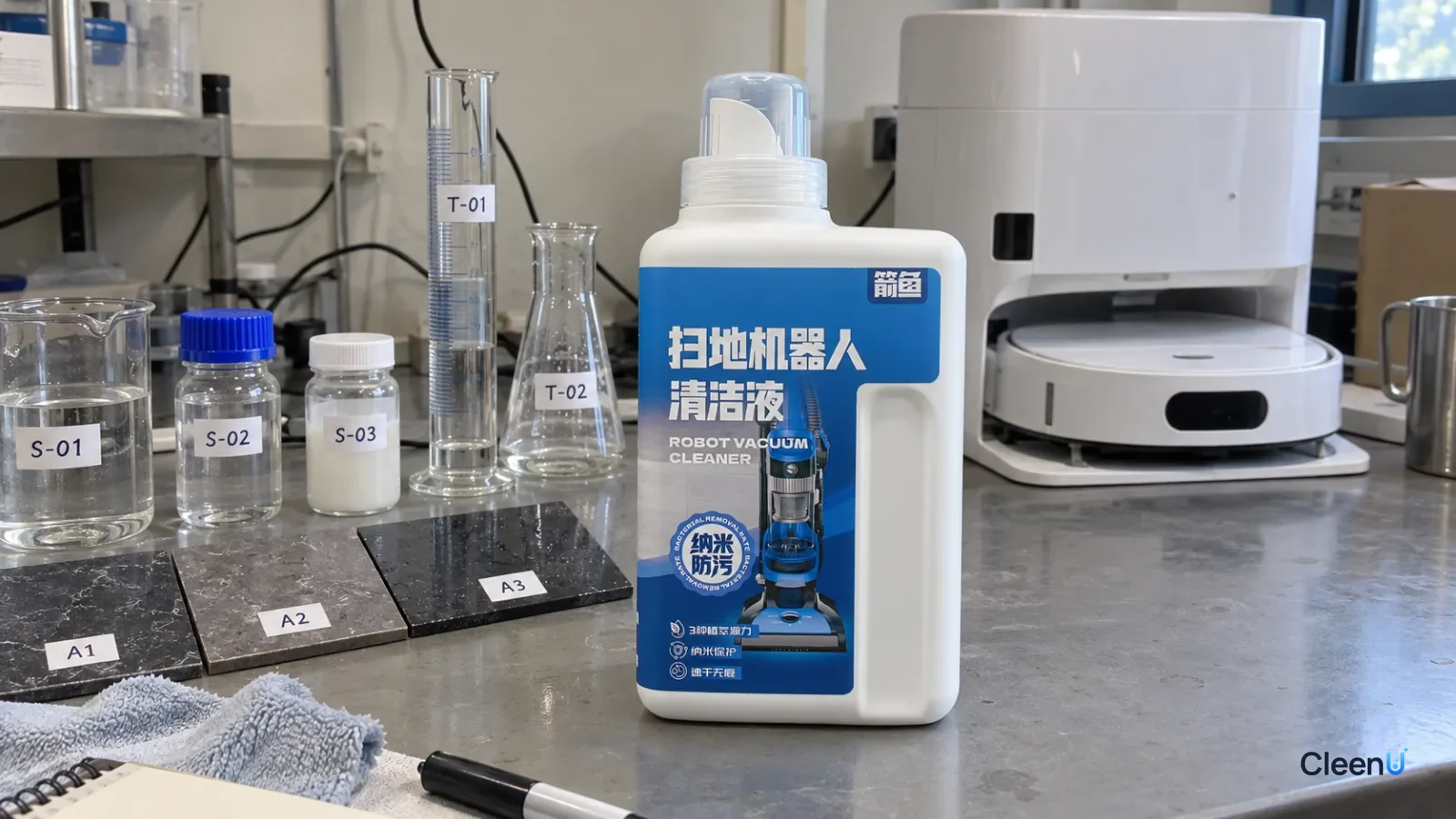 A blue cleaner bottle, graduated cylinders and dark tile samples beside a white dock