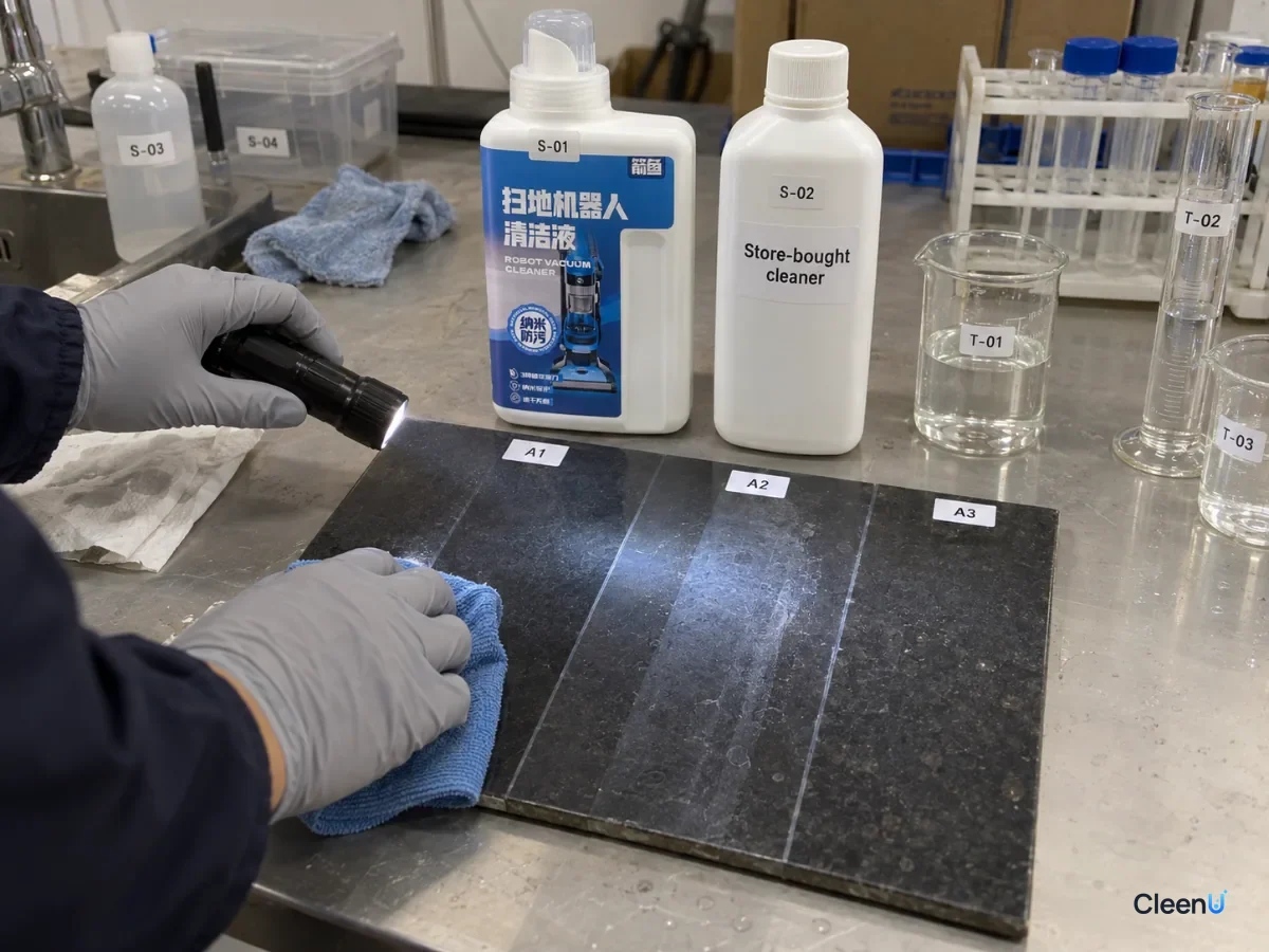 A gloved hand wiping a dark tile sample beside blue and white bottles