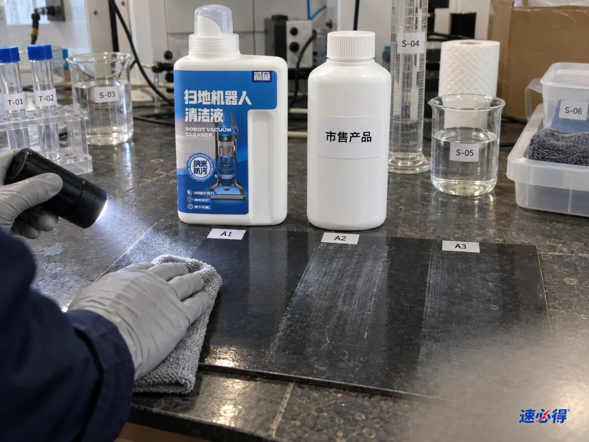 戴手套的手用布擦拭深色瓷砖样板，旁边有蓝色和白色瓶子