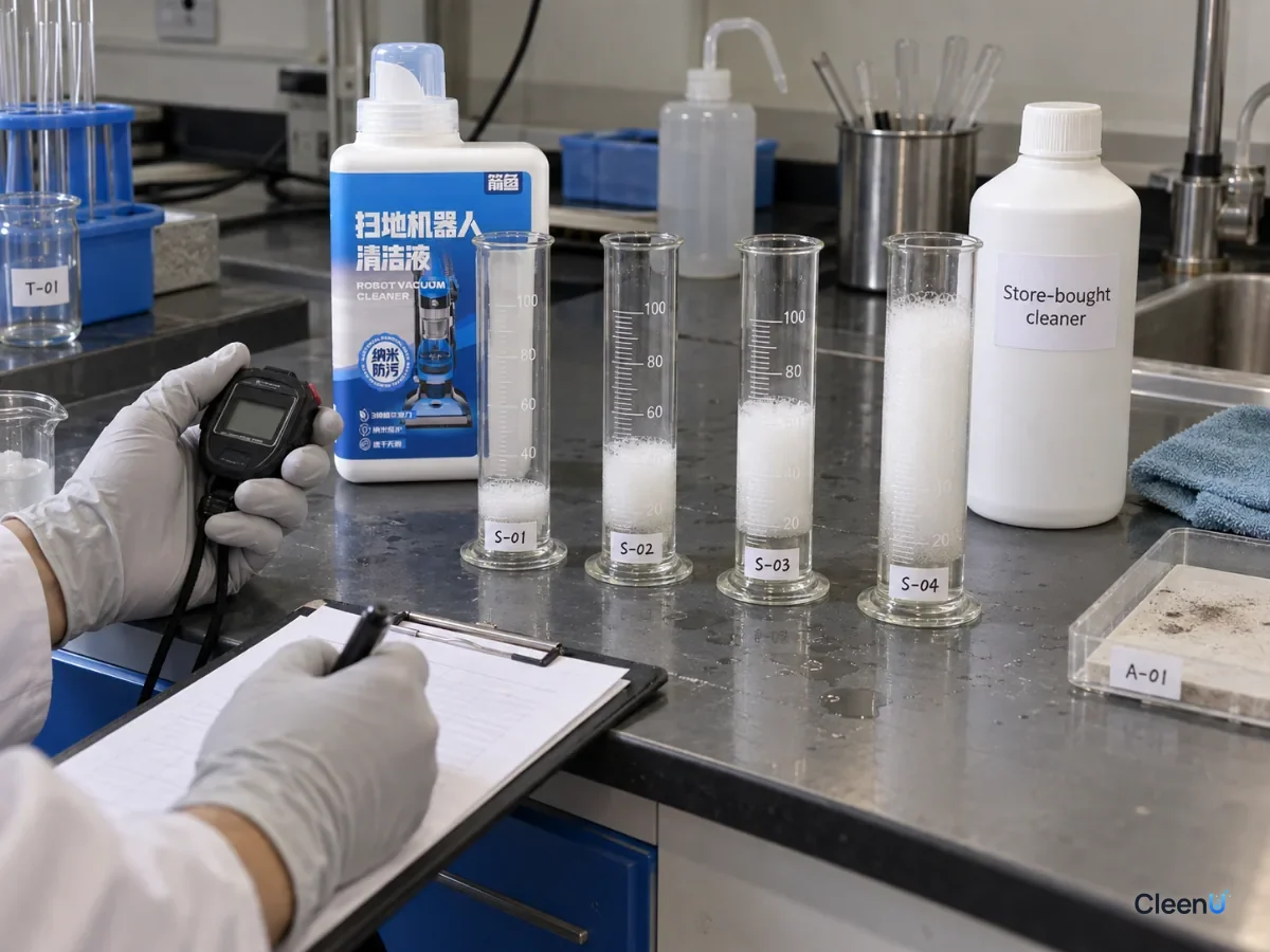 Cylinders with different foam heights beside a timer and a clipboard on a laboratory bench