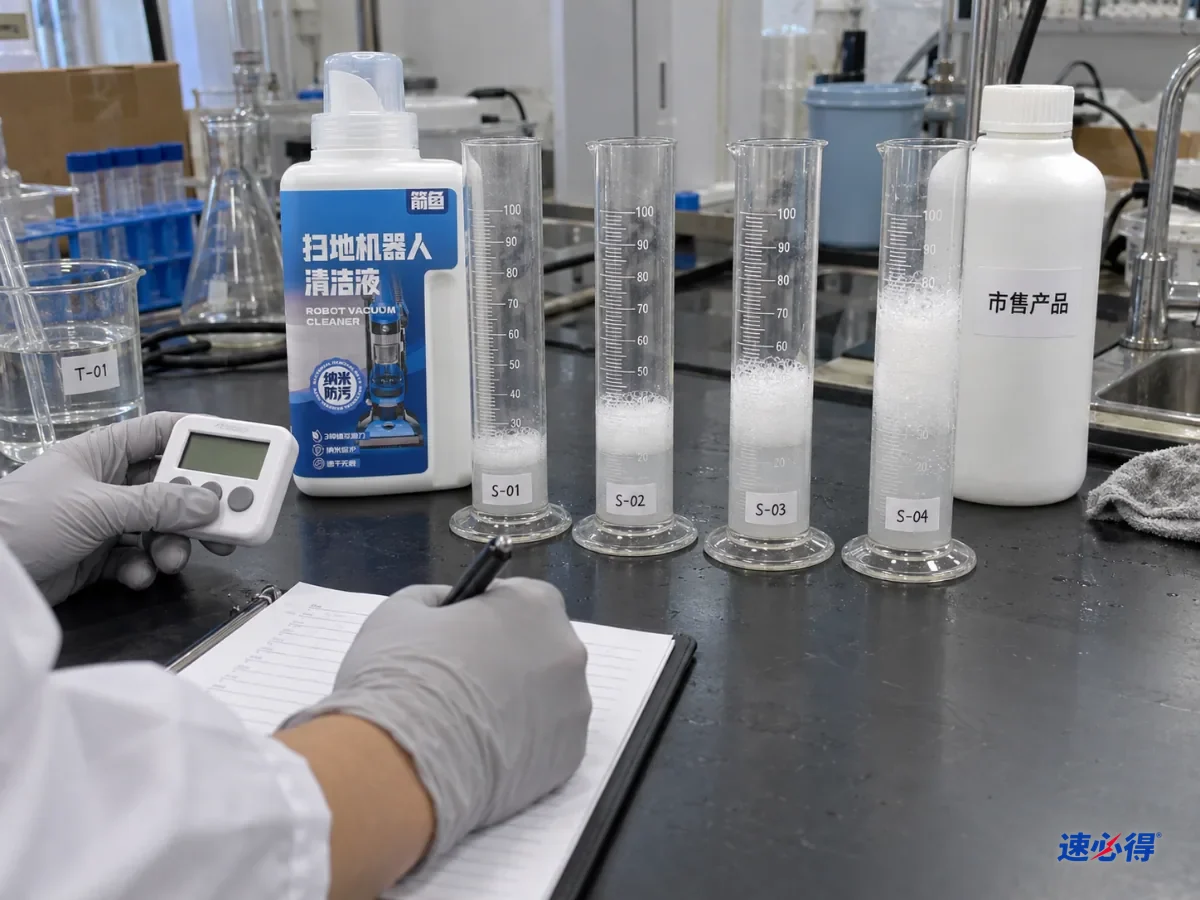 不同泡沫高度的量筒与计时器、记录夹摆在实验台上