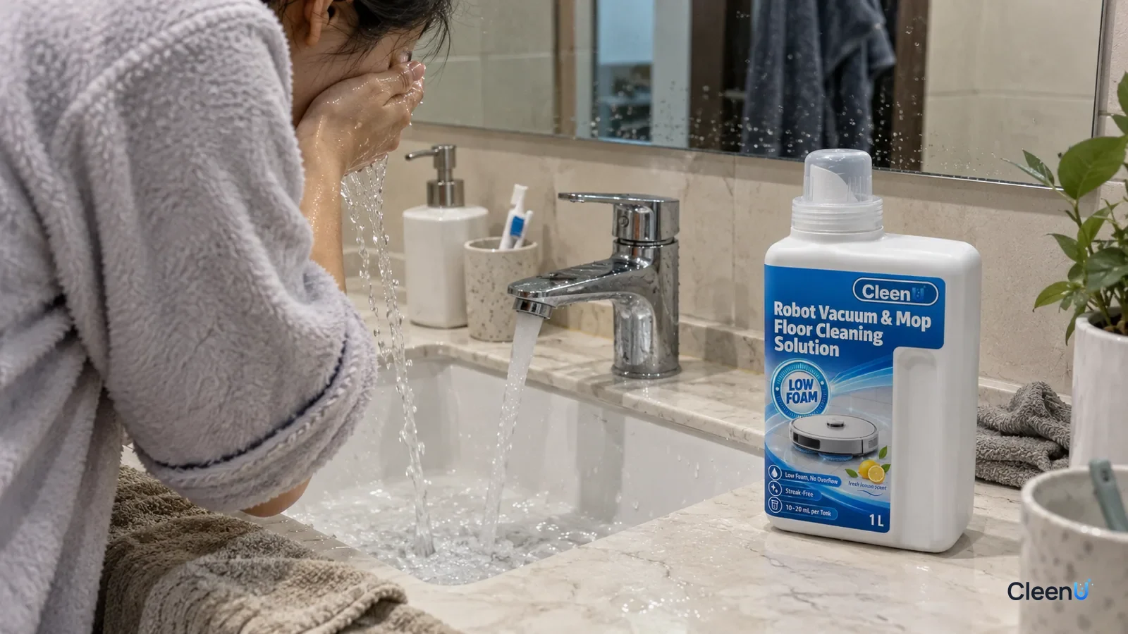 AI illustration: A person leaning over a bathroom sink beside running water and a blue bottle