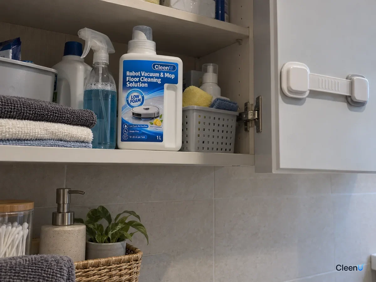 AI illustration: A capped bottle of CleenU Robot Vacuum Cleaning Solution on a high shelf in a bathroom cabinet, next to other cleaning supplies, with a child safety latch on the cabinet door