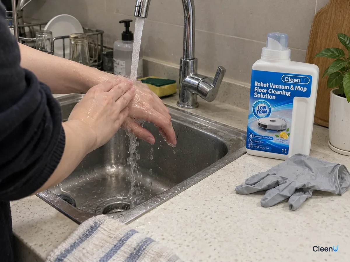AI illustration: At a kitchen sink, one hand rinsing solution off the back of the other, with a pair of removed light gray nitrile gloves and a capped bottle of CleenU Robot Vacuum Cleaning Solution beside it