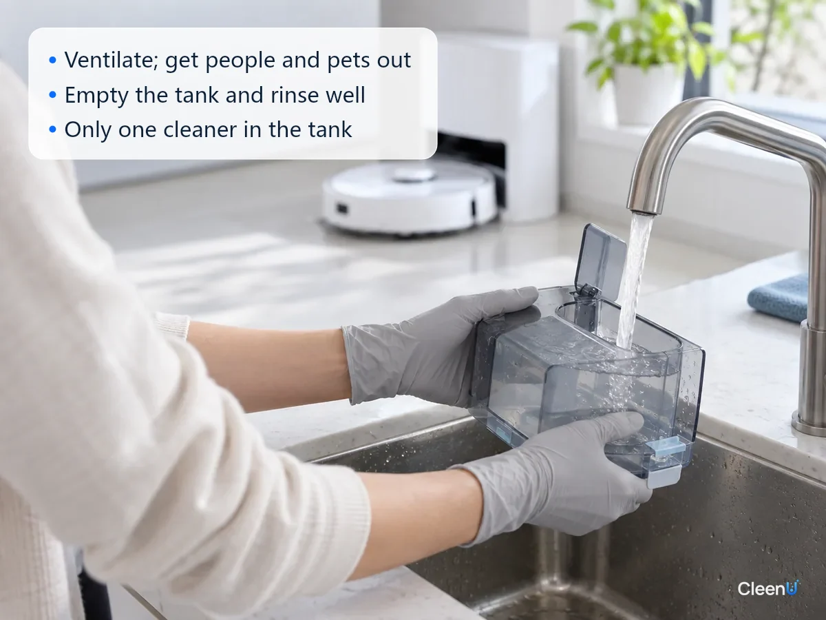 AI illustration: A gloved hand emptying a robot mop's clean water tank at the sink and rinsing it repeatedly