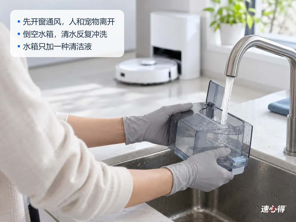 AI 示意图：戴手套的手在水槽边把扫地机器人的清水箱倒空，用清水反复冲洗