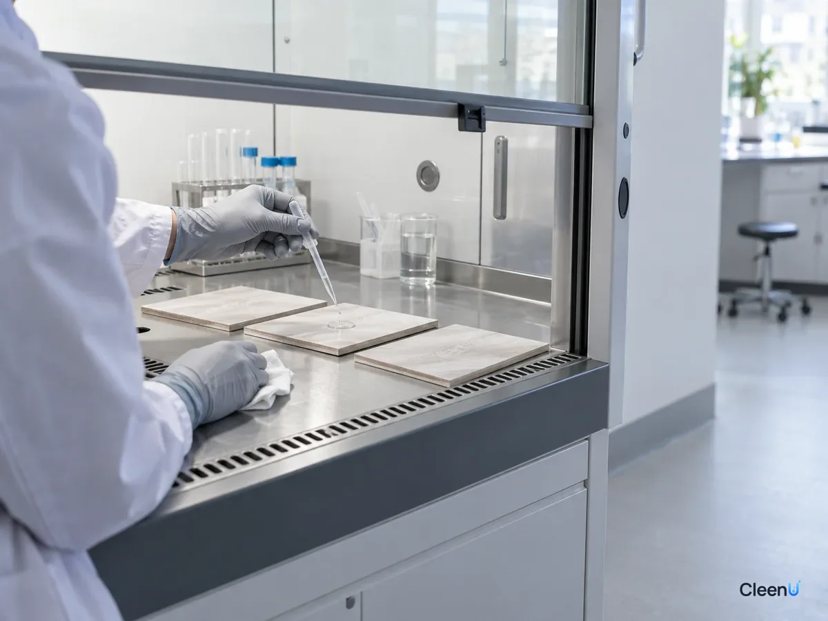 AI illustration: Floor samples inside a laboratory fume hood with a person beside them