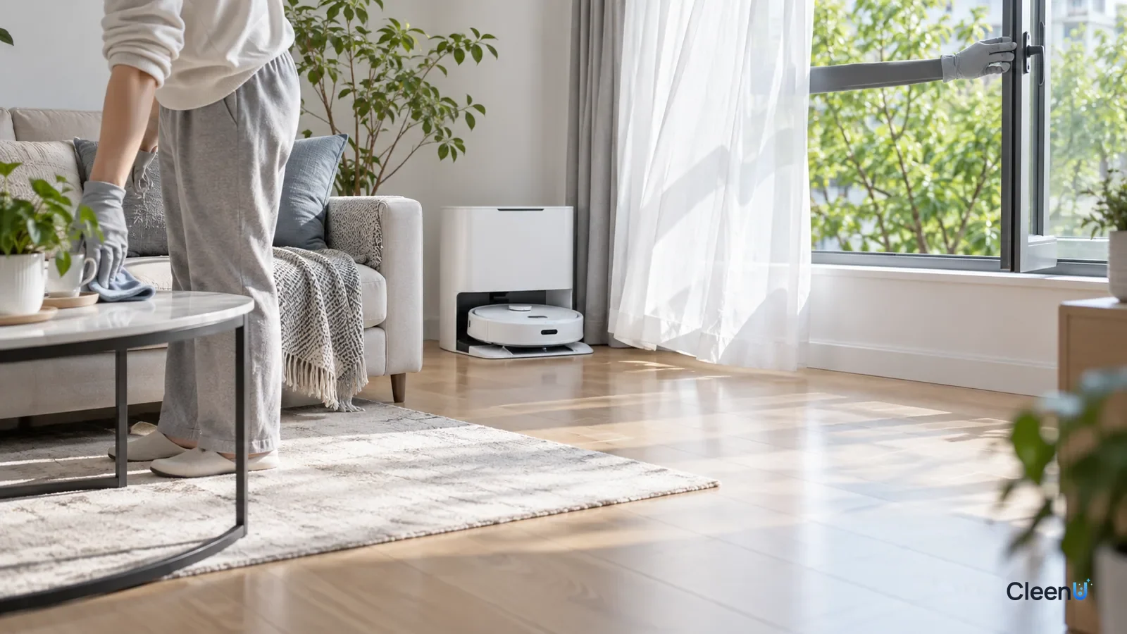 AI illustration: A robot mop back in its dock while the living room windows are pushed open to air out the room, curtains stirring in the breeze