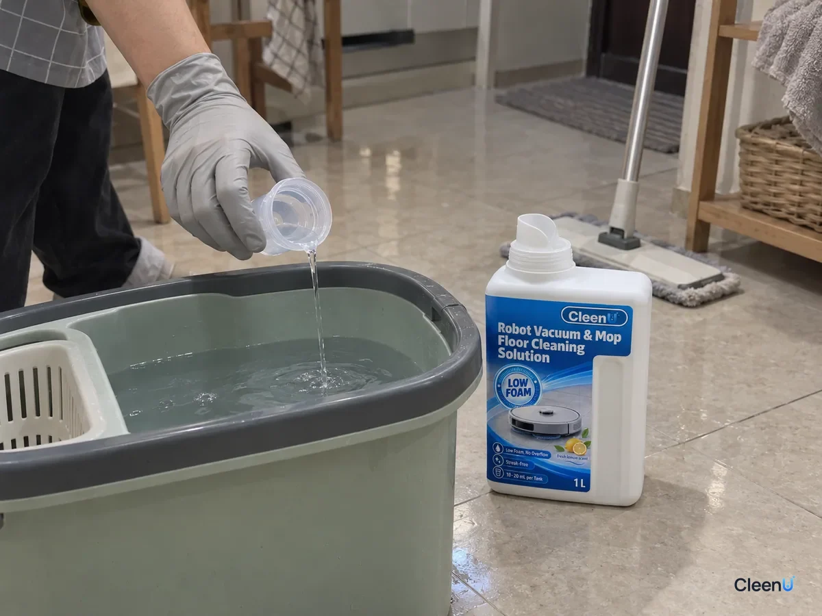 AI illustration: A hand pouring liquid from a cap into a gray mop bucket beside a blue bottle