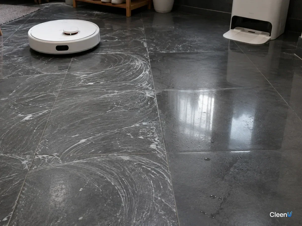 AI illustration: Close-up of dark tile, half with curved white streaks and half already mopped with plain water to an even shine