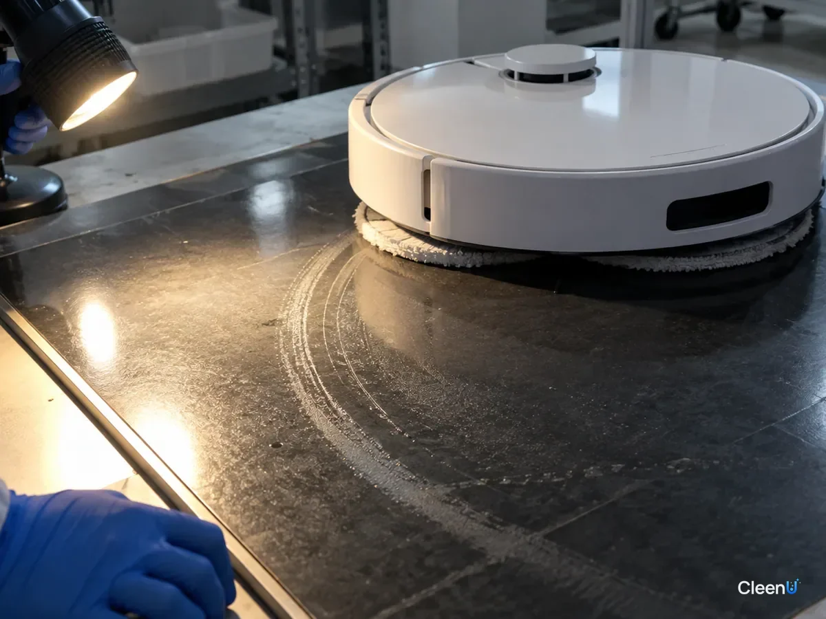 AI illustration: A dark tile panel in a lab after a spinning pad swatch passed over it, a technician lighting it from the side to examine the curved residue
