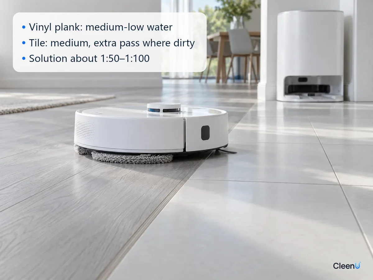AI illustration: A robot mop at a wood-to-tile floor transition with instructional text in the image