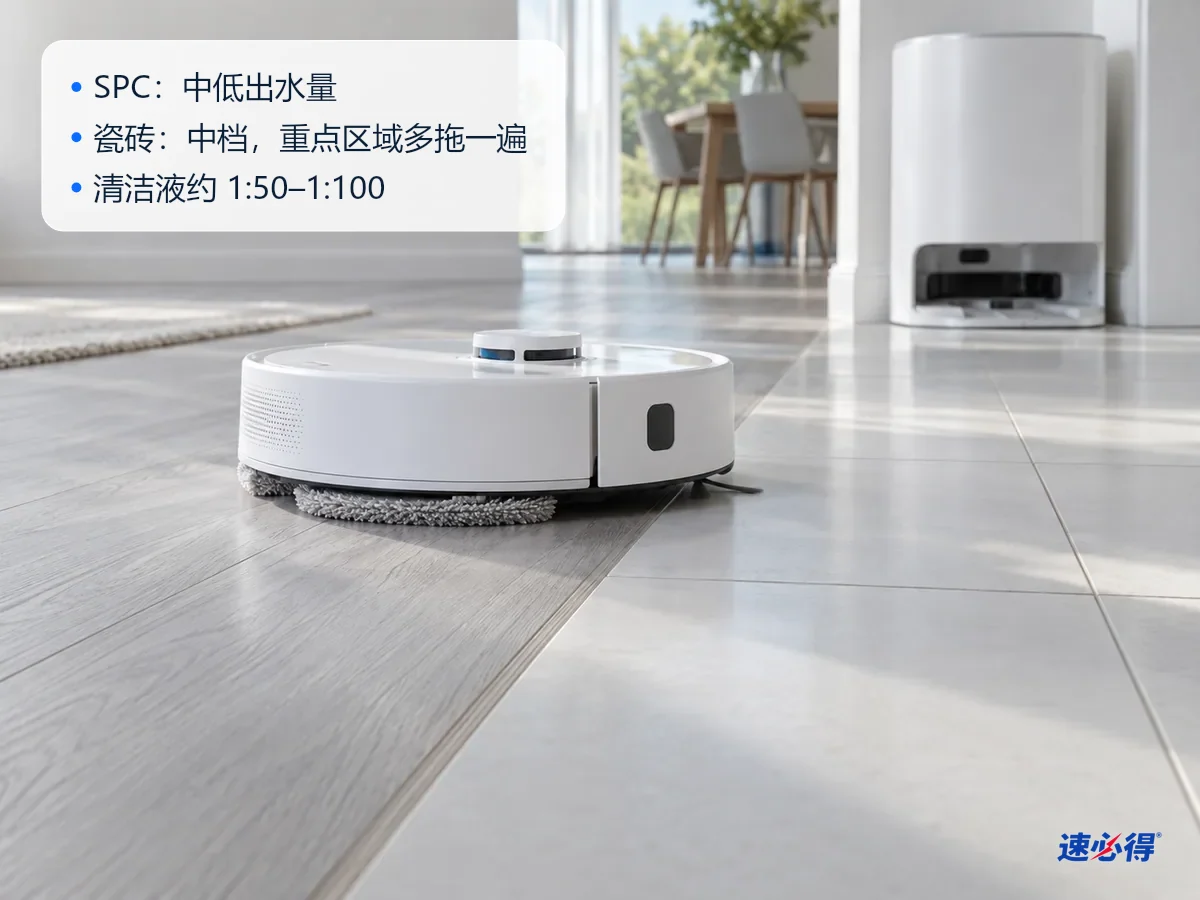 AI 示意图：扫地机器人位于木地板与瓷砖的交界处，图中带有说明文字
