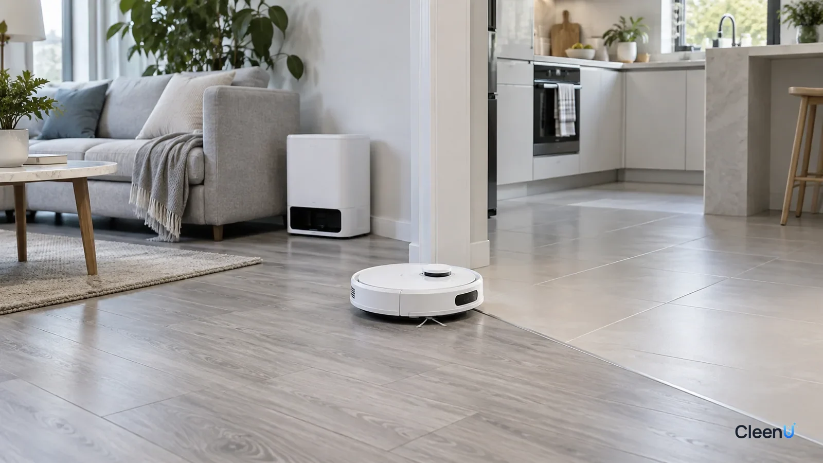 AI illustration: A robot mop crossing from a light gray vinyl plank living room floor onto light kitchen tile