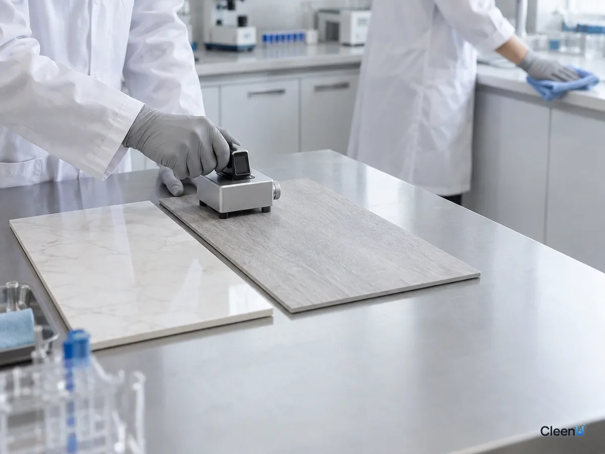 AI illustration: Gloved hands holding a measuring instrument on a gray wood sample beside light tile