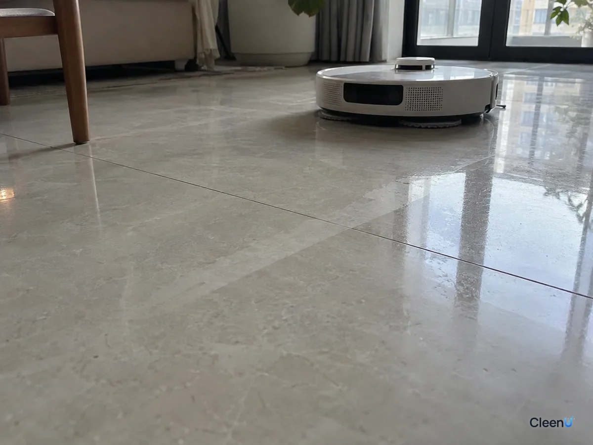 AI illustration: Light tile flooring with damp streaks and pale wipe marks in window light