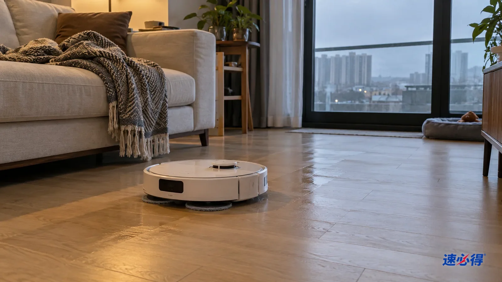 AI 示意图：客厅中的扫地机器人位于浅色木地板上，窗外阴天，沙发上搭着毯子