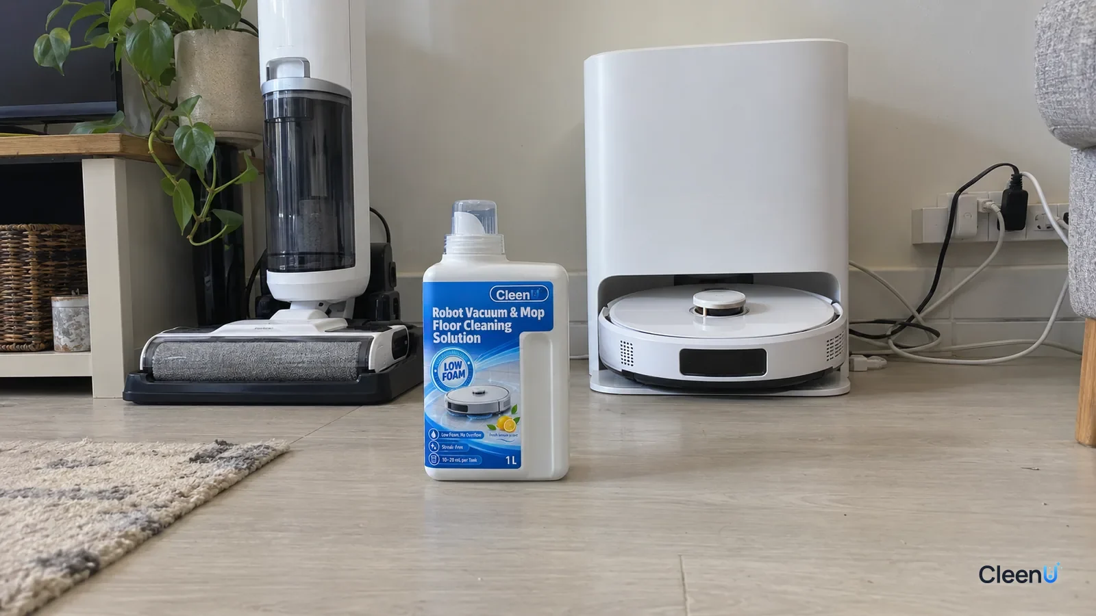 AI illustration: A cordless wet-dry vacuum in its charging base and a robot mop in its dock side by side on a light floor, with a bottle of robot mop cleaning solution between them