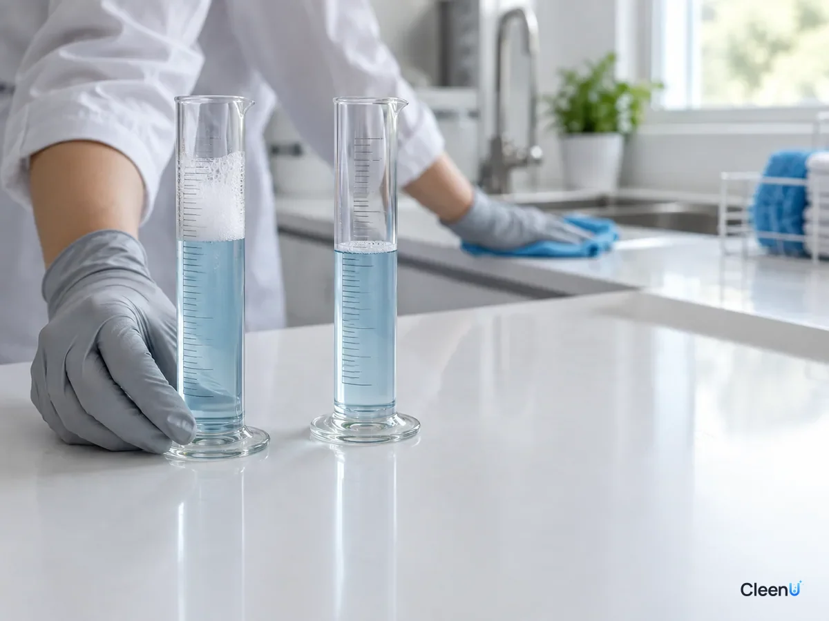 AI illustration: Two graduated cylinders of blue liquid with different foam heights in a laboratory