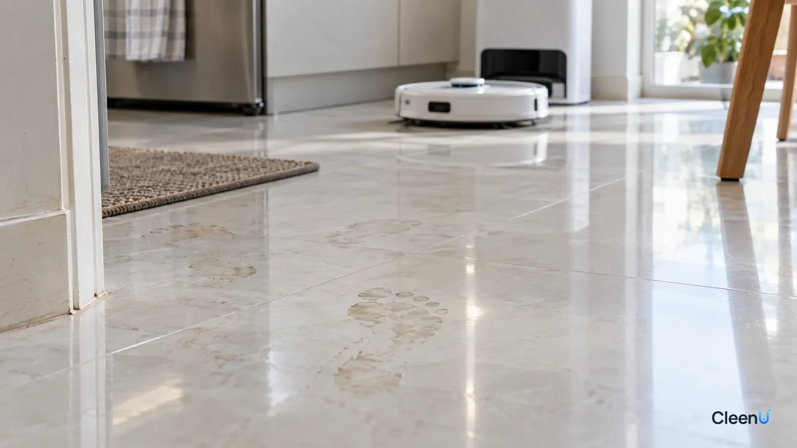 AI illustration: Light tile at a kitchen doorway where a few greasy footprints still show in side light after a robot mop pass