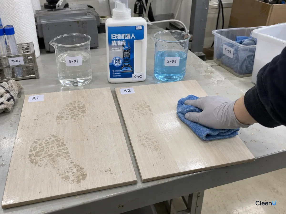 AI illustration: Tile samples with footprints beside a wiping cloth and blue and white bottles