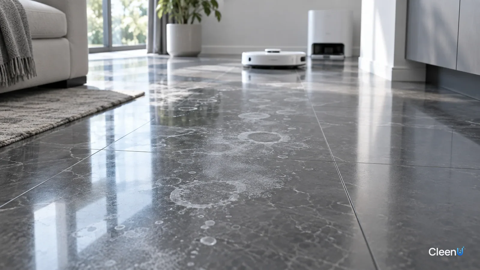 AI illustration: Dark polished tile in side light with patches of white water spots along a robot mop's path