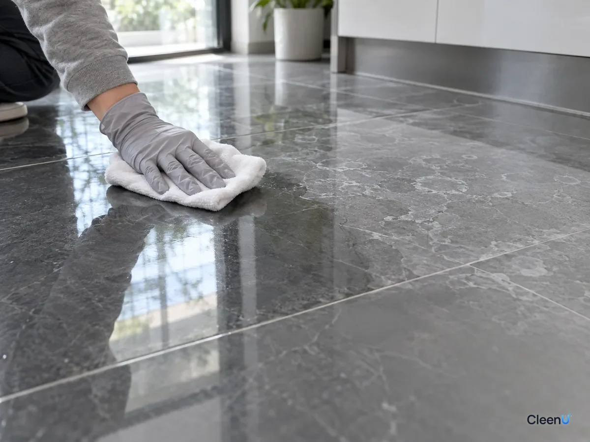 AI illustration: A hand wiping dark tile with white ring marks using a cloth