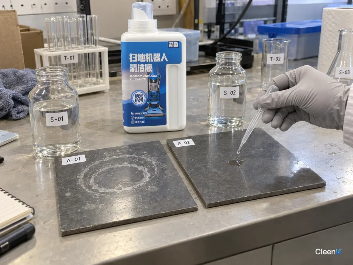 AI illustration: A gloved hand placing liquid drops on dark tile samples with white ring marks