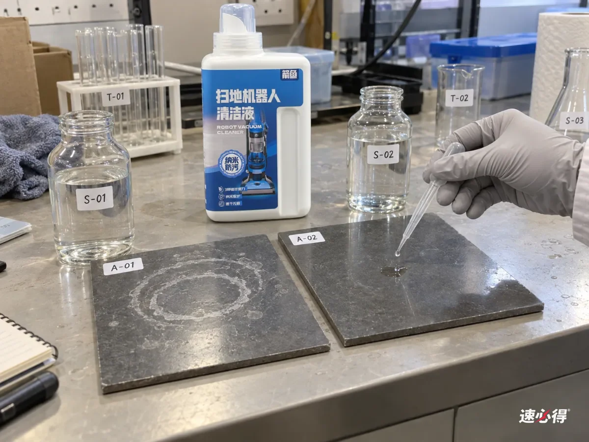 AI 示意图：戴手套的手用滴管向深色瓷砖样板滴液，表面有白色环状痕迹