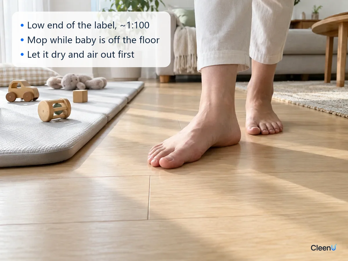 AI illustration: An adult walking barefoot on a wood floor beside baby toys on a play mat