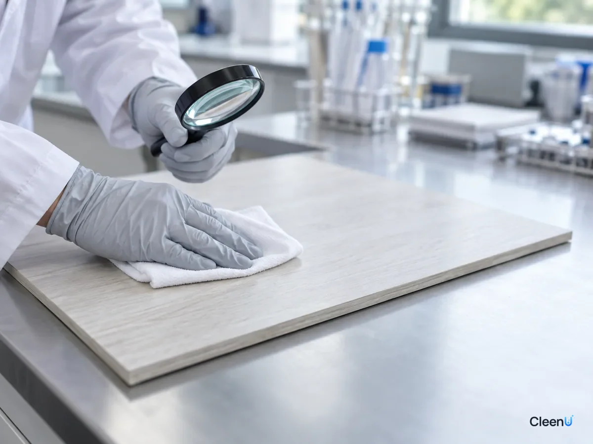 AI illustration: A hand wiping a wood floor sample with a white cloth beside a magnifier