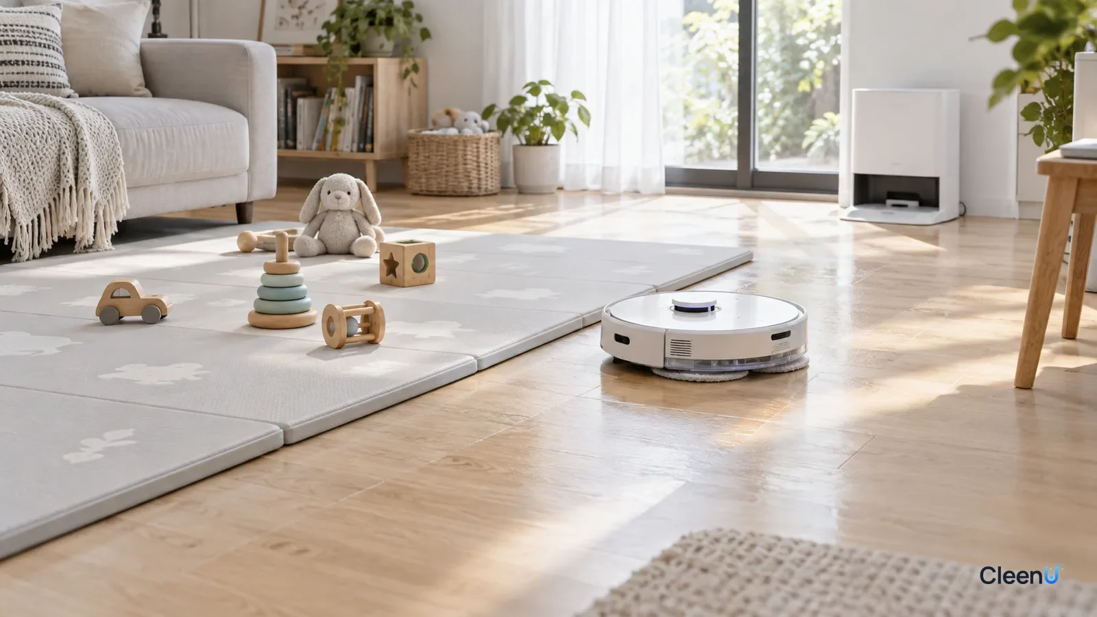 AI illustration: A light gray play mat in a bright living room with a robot mop working on the light wood floor beside it
