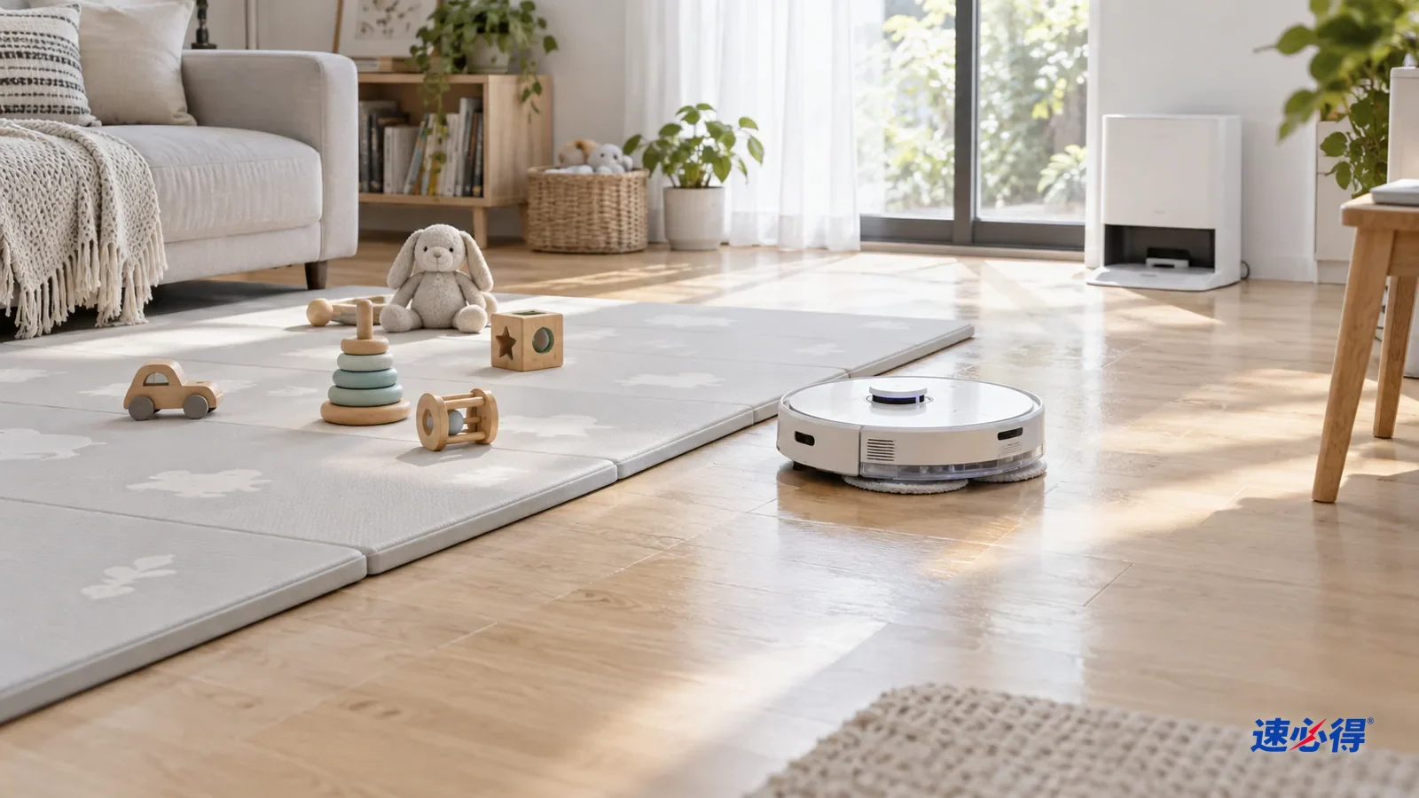 AI 示意图：明亮的客厅里铺着浅灰色爬行垫，扫地机器人正在爬行垫旁边的浅色木地板上拖地