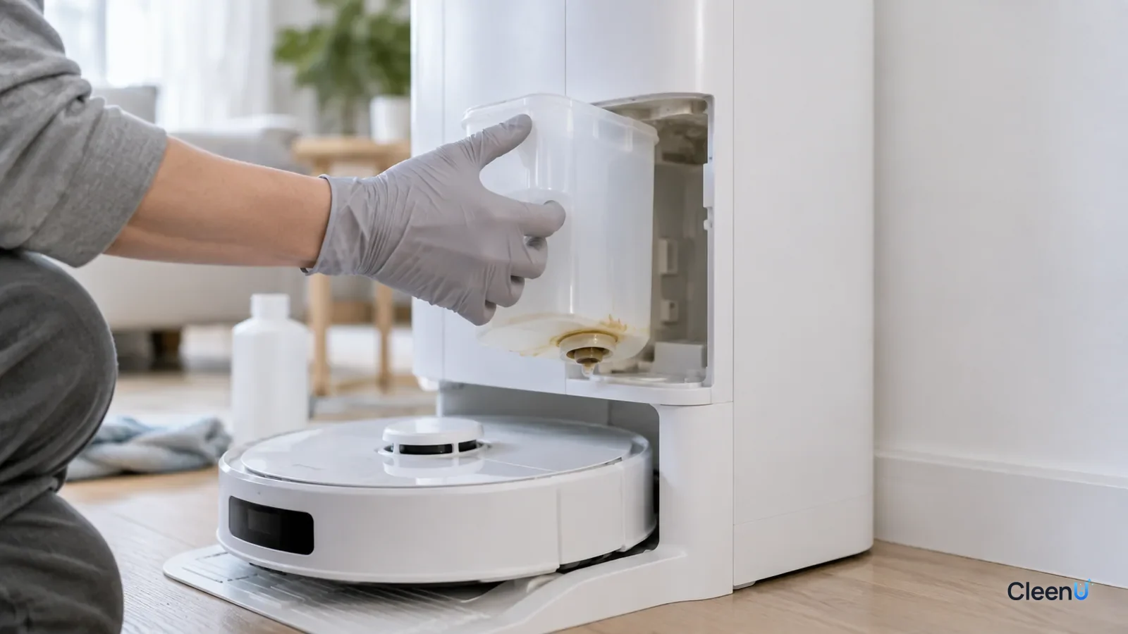 AI illustration: A gloved hand removing the auto-dosing compartment from a robot vacuum dock, with a ring of dried residue around the outlet