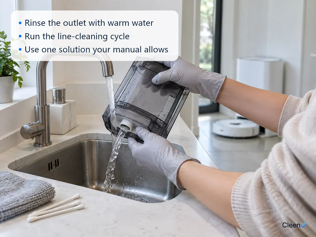 AI illustration: A gloved hand rinsing the outlet of an auto-dosing compartment with warm water, with cotton swabs and a soft cloth nearby