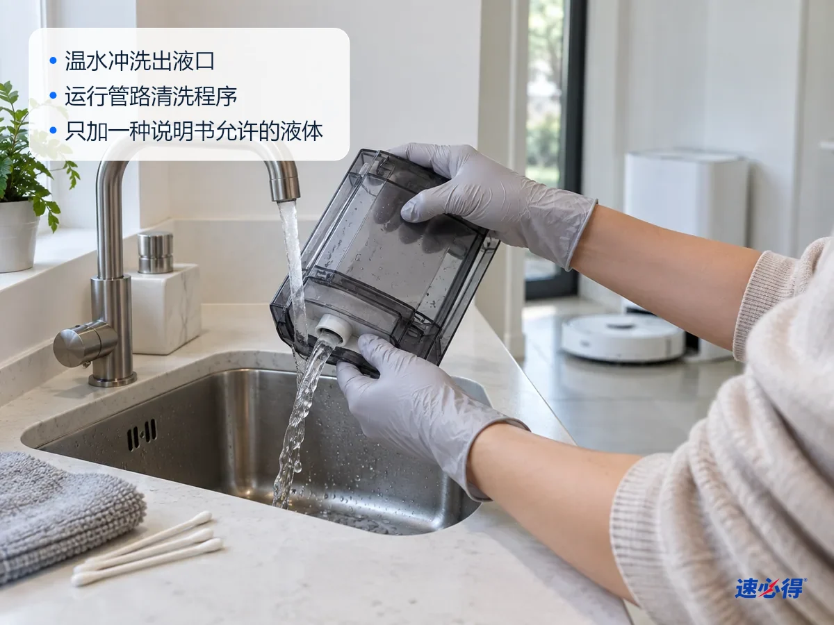 AI 示意图：戴手套的手用温水冲洗自动加液仓的出液口，旁边放着棉签和软布