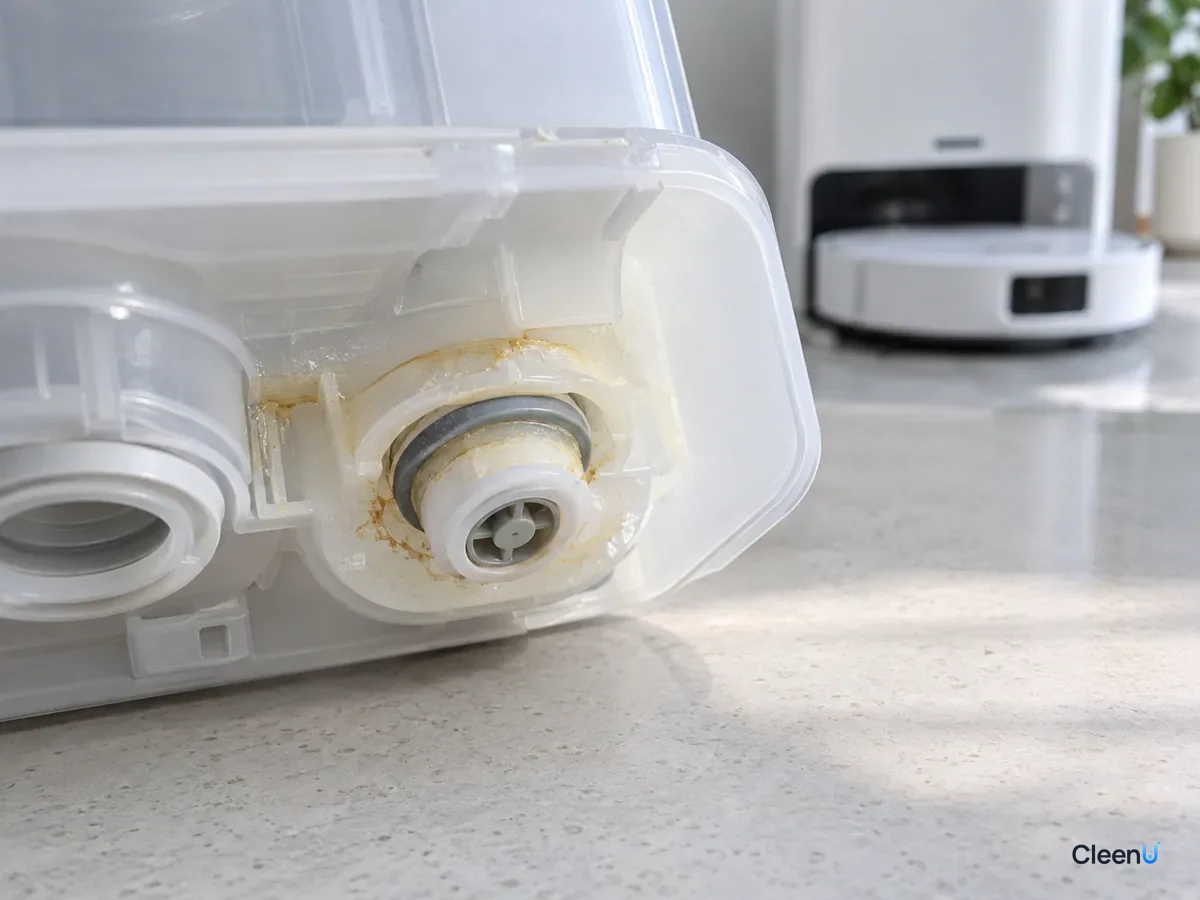 AI illustration: A yellow residue ring around the outlet of a removed dosing tank