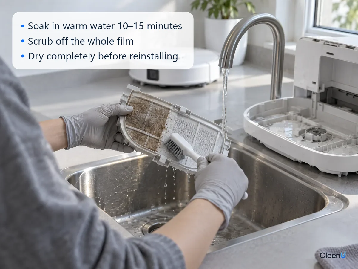 AI illustration: A gloved hand scrubbing a robot mop dock filter with a soft brush by the sink, a freshly cleaned wash tray beside it