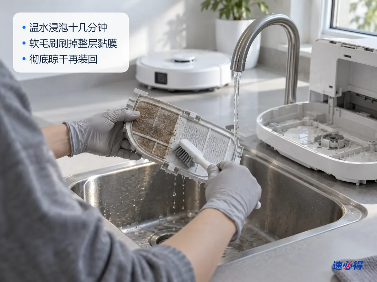 AI 示意图：水槽边，戴手套的手用软毛刷刷洗扫地机器人基站拆下的滤网，旁边是已经刷干净的清洗槽